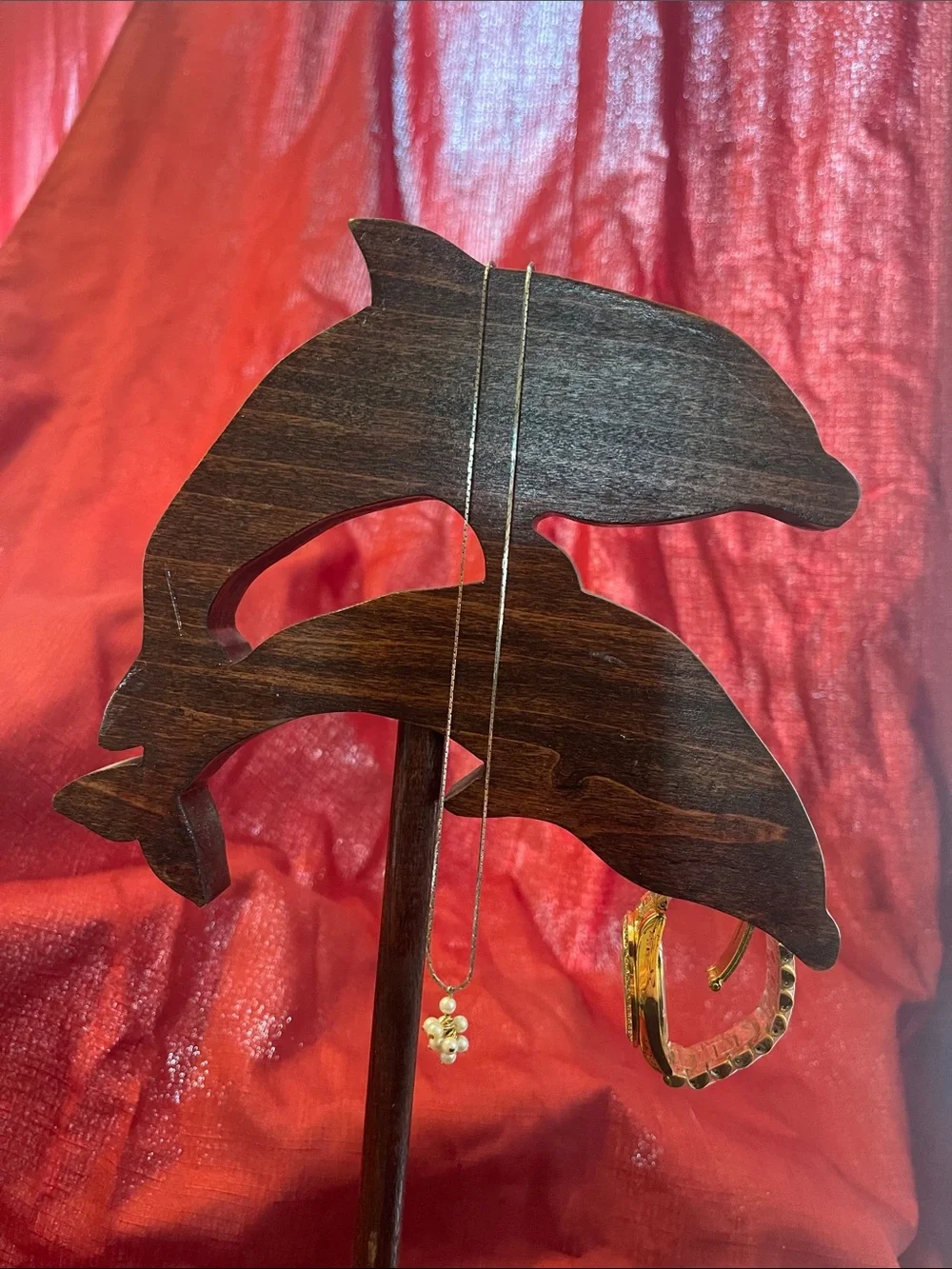 Handcrafted Wooden Dolphin jewelry Display hanger Brown 4 pegs & base project